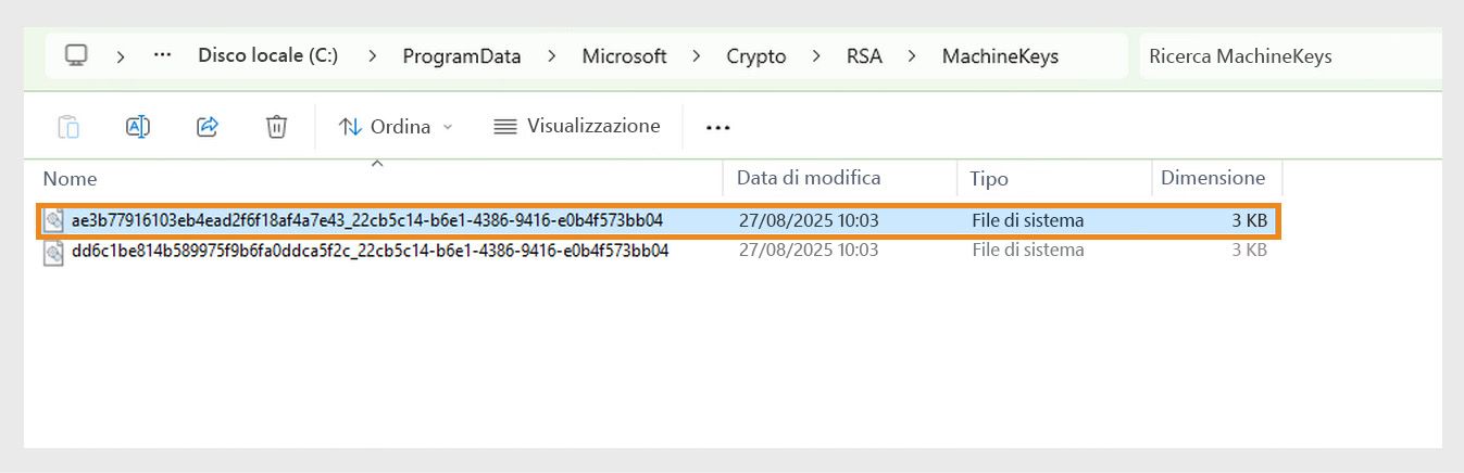 Una schermata che mostra la directory di Windows per memorizzare le chiavi crittografiche utilizzate dal sistema e da varie applicazioni per scopi di sicurezza.
