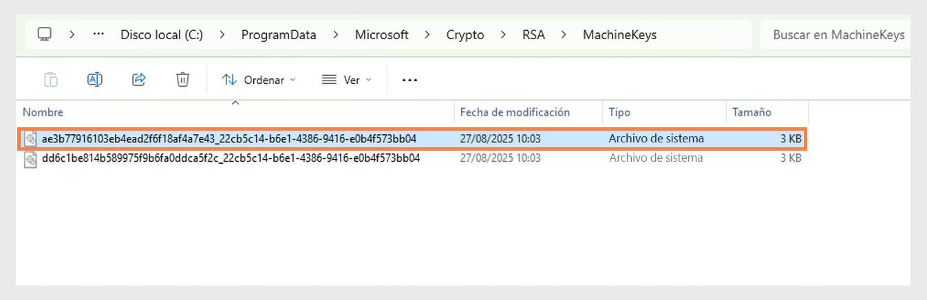 Una captura de pantalla que muestra el directorio de Windows para almacenar las claves criptográficas utilizadas por el sistema y varias aplicaciones con fines de seguridad.
