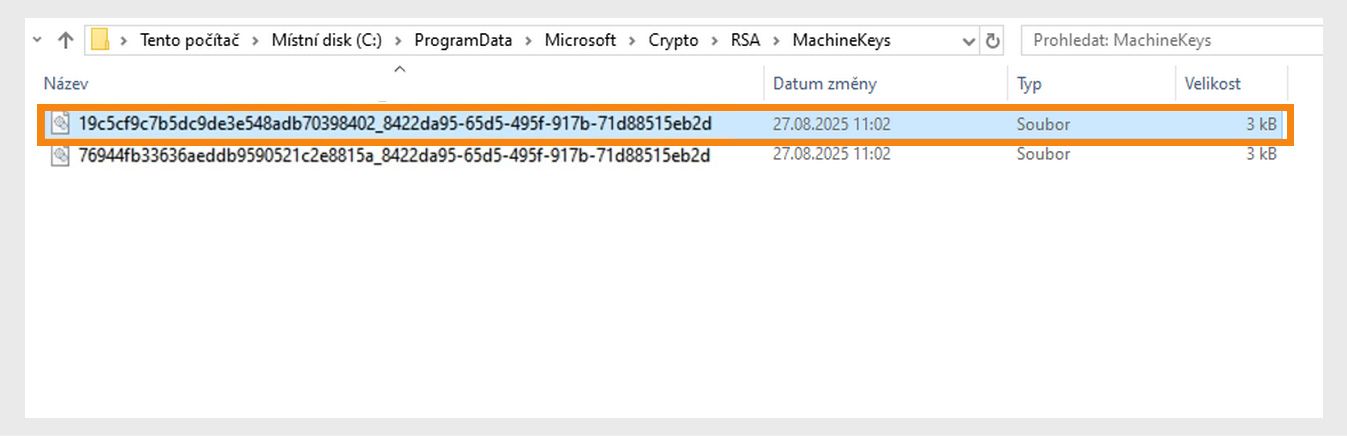 Snímek obrazovky zobrazující adresář Windows pro ukládání kryptografických klíčů používaných systémem a různými aplikacemi pro účely zabezpečení.