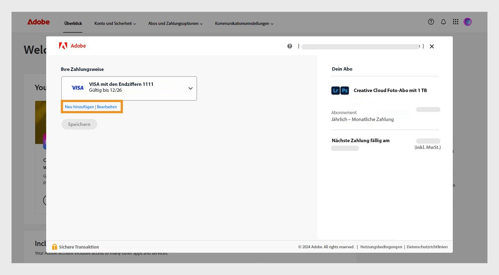 Die Buttons „Neu hinzufügen“ und „Bearbeiten&quot; auf der Seite „Deine Zahlungsmethode&quot; bieten die Möglichkeit, eine neue Zahlungsmethode hinzuzufügen oder eine bestehende zu bearbeiten. 