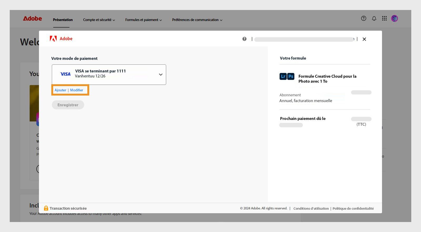 Les boutons Ajouter et Modifier de la page Votre mode de paiement vous permettent d'ajouter un nouveau mode de paiement ou de modifier un mode existant. 