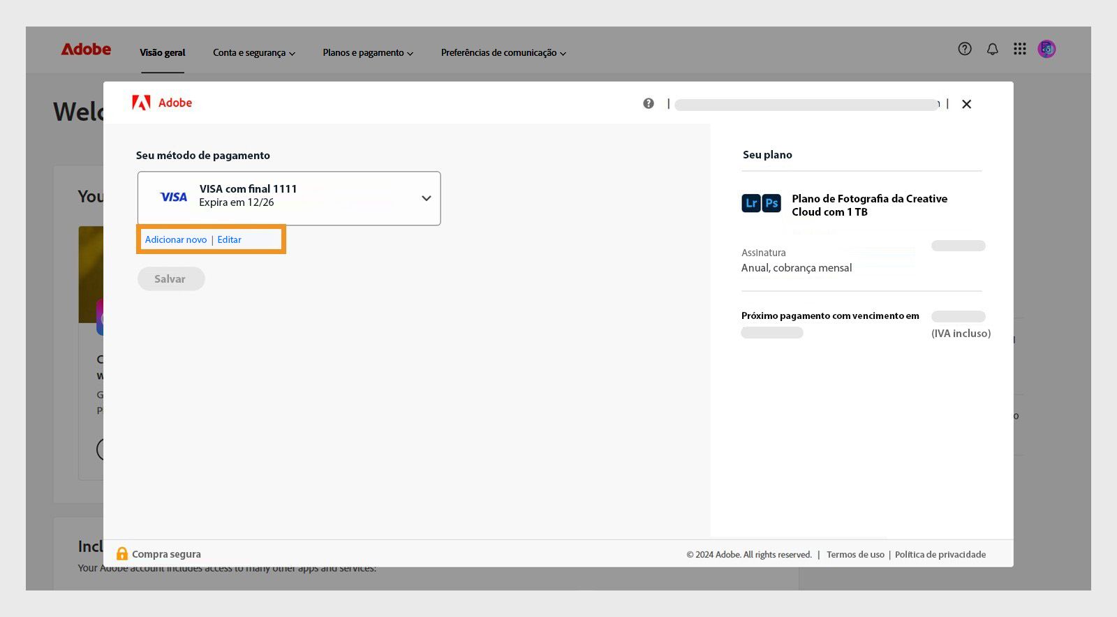 Os botões Adicionar novo e Editar na página Seu método de pagamento oferecem a opção de adicionar um novo método de pagamento ou editar um existente. 