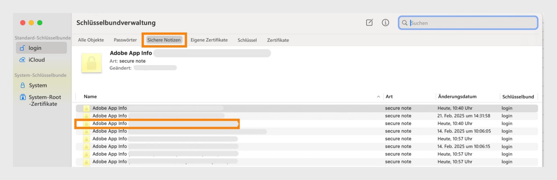 Ein Screenshot des Keychain-Zugriffsfensters zum Verwalten und Anzeigen sicherer Notizen, die in der Keychain des Benutzers gespeichert sind.