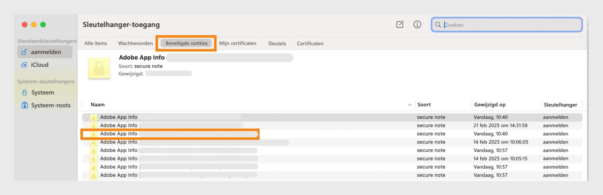 Een screenshot van het venster Keychain Access om beveiligde notities die zijn opgeslagen in de keychain van de gebruiker te beheren en te bekijken. 