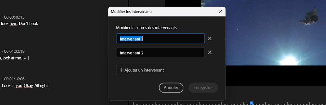 La boîte de dialogue Modifier les personnes intervenantes est ouverte et propose des options pour renommer et ajouter une nouvelle personne intervenante.