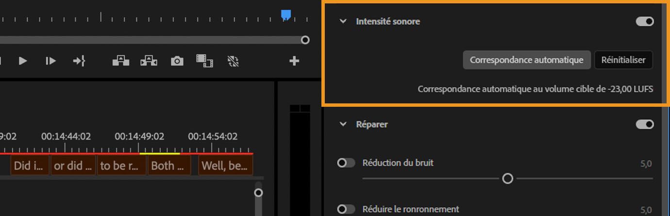 Panneau Audio essentiel dans Premiere Pro affichant le bouton Ajustement automatique avec l’intensité sonore réglée sur -23 LUFS.