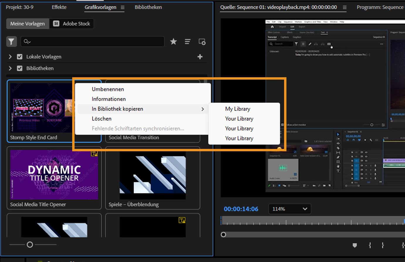 Im Bedienfeld „Essential Graphics“ ist auf der Registerkarte „Suchen“ eine Animationsvorlage ausgewählt, wobei die Option „In Bibliothek kopieren“ gewählt ist und eine Liste von Ordnern zur Auswahl steht.