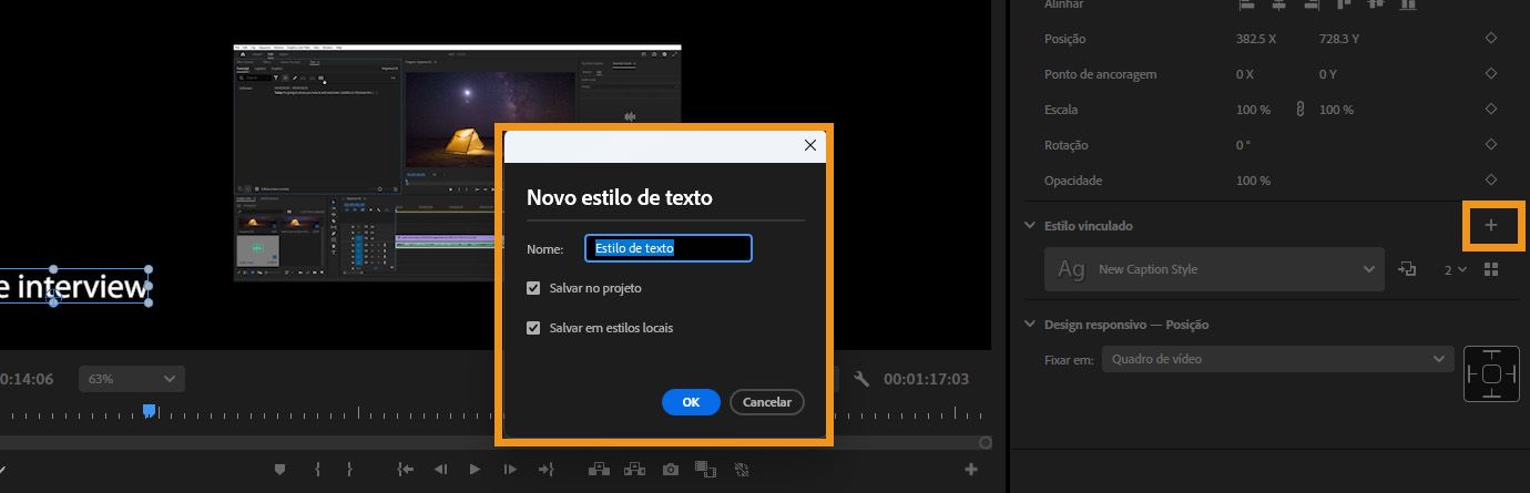 A caixa de diálogo Novo estilo de texto é aberta com opções para nomear e salvar o estilo em Projeto ou Estilo local realçado.