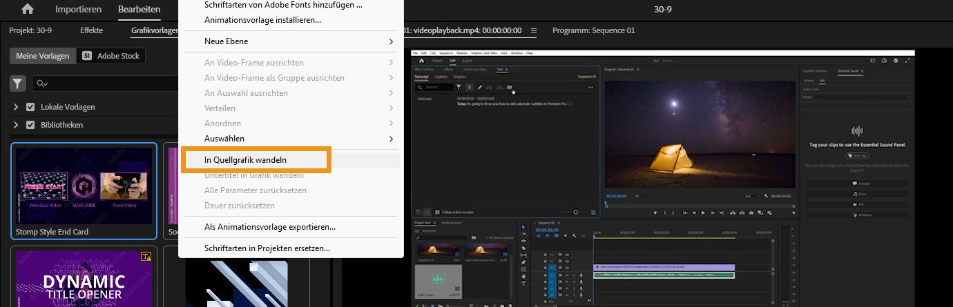 Menü in Adobe Premiere Pro, das die Option „In Quellgrafik wandeln“ unter „Grafiken und Titel“ zeigt, mit einer ausgewählten Textgrafik im Schnittfenster.
