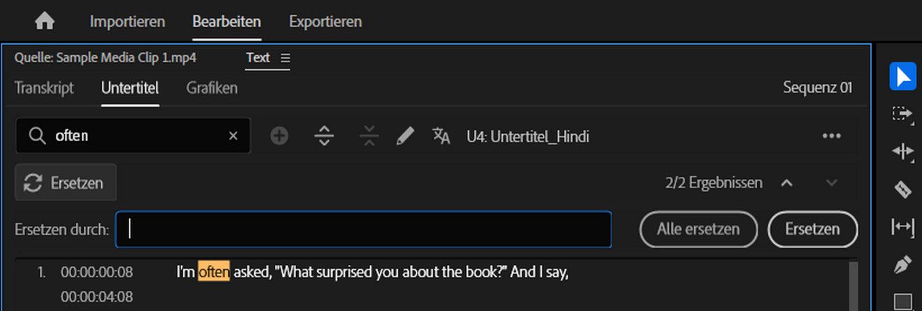 Das Bedienfeld „Text“ ist geöffnet und die Registerkarte „Untertitel“ ausgewählt. Das Suchfeld enthält den Begriff „edited“.Das übereinstimmende Wort wird im Transkript hervorgehoben und Optionen „Ersetzen“ oder „Alle ersetzen“ stehen zur effizienten Textersetzung zur Verfügung.