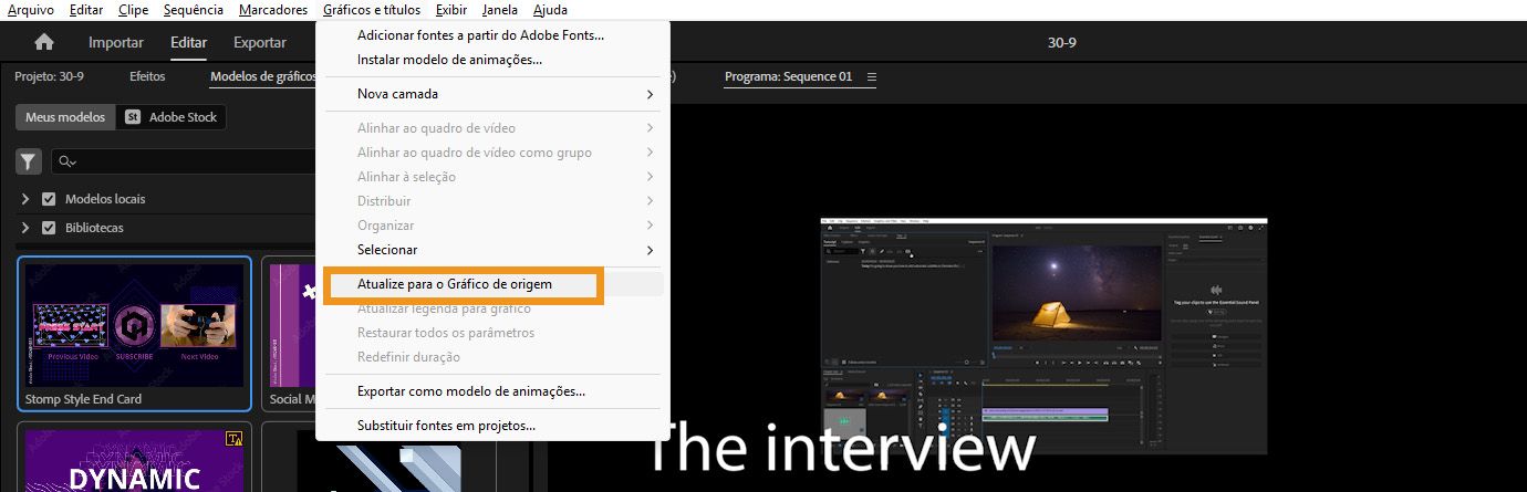 Menu do Adobe Premiere Pro que mostra a opção “Fazer upgrade para gráfico de origem” em “Gráficos e títulos”, com um gráfico de texto selecionado na linha do tempo.