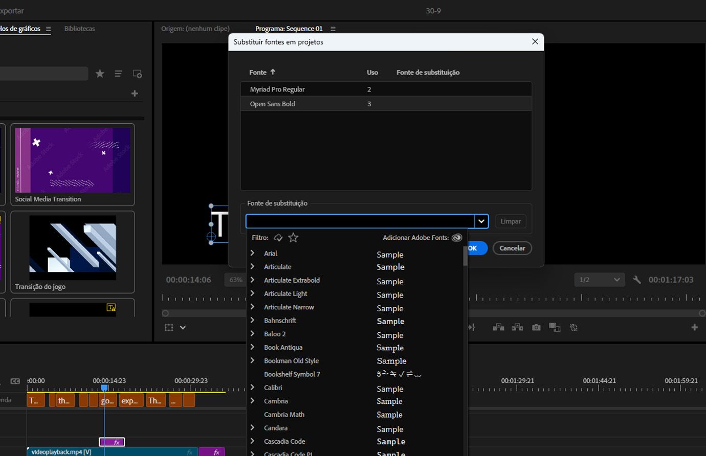 Caixa de diálogo Substituir Fontes em Projetos aberta, com o menu suspenso Fonte de Substituição destacado para selecionar uma nova fonte para atualizar camadas de texto em todo o Projeto.