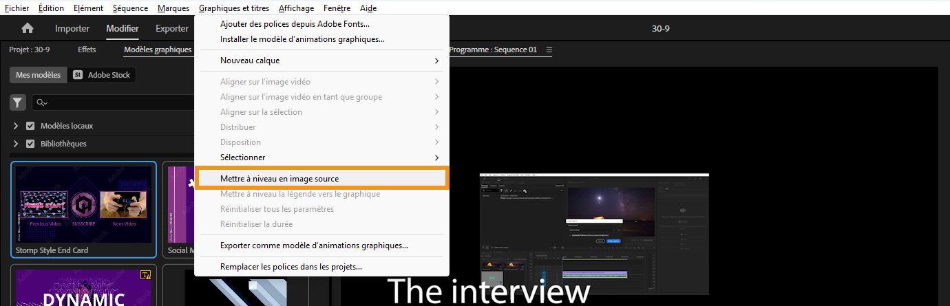 Menu dans Adobe Premiere Pro affichant l’option Mettre à niveau en image source sous Graphiques et titres, avec une image texte sélectionnée sur le montage.
