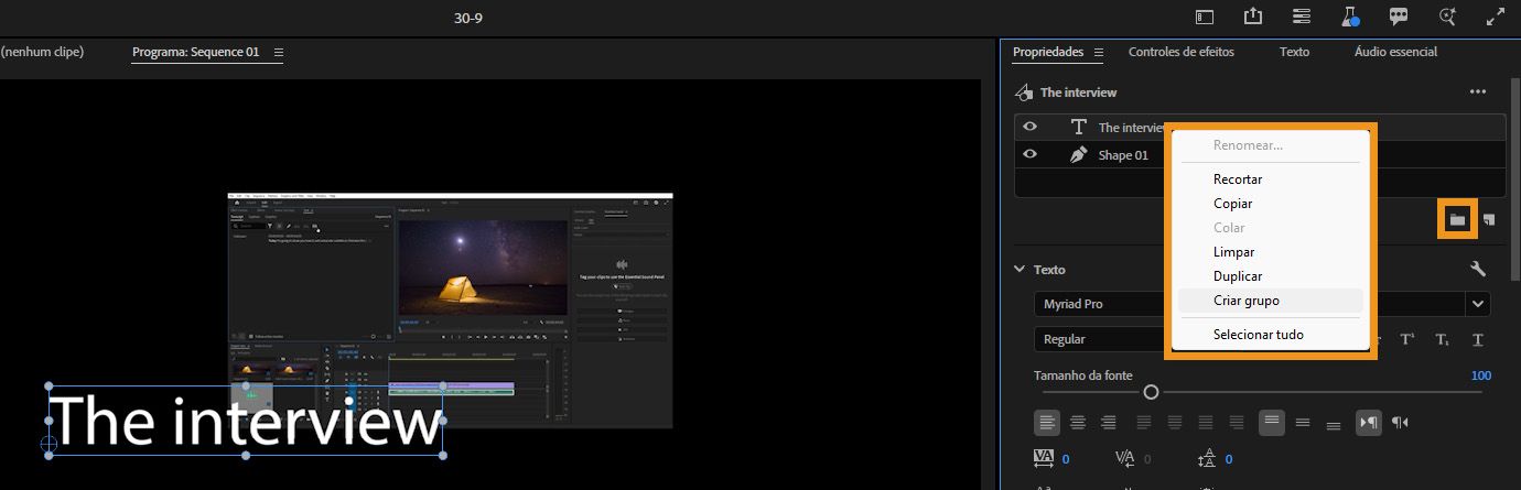 Camadas de texto e forma selecionadas no painel Propriedades com Criar Grupo destacado para organizá-las em um único grupo.