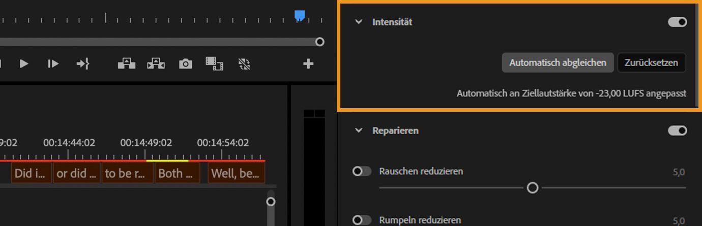 Bedienfeld „Essential Sound“ in Premiere Pro mit der Schaltfläche „Automatisch abgleichen“ und der Lautstärke -23 LUFS.