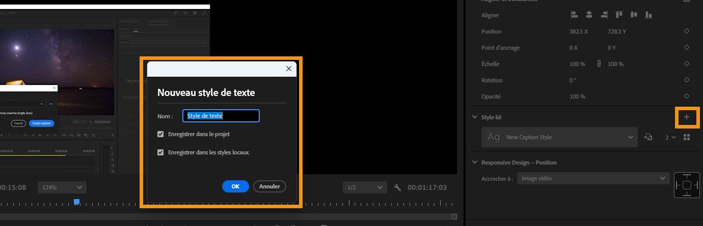 La boîte de dialogue Nouveau style de texte est ouverte avec les options pour nommer et enregistrer le style dans le Projet ou le Style local mises en évidence.