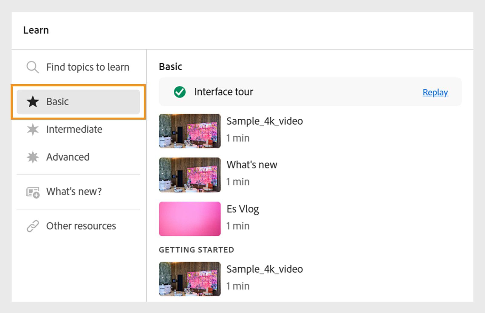 Basic tutorials are listed in the Learn Hub panel