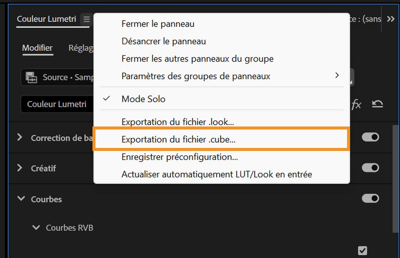 Le panneau Couleur Lumetri avec l’option « Exportation du fichier .cube... »mise en surbrillance dans le menu déroulant, montrant comment exporter un fichier LUT.