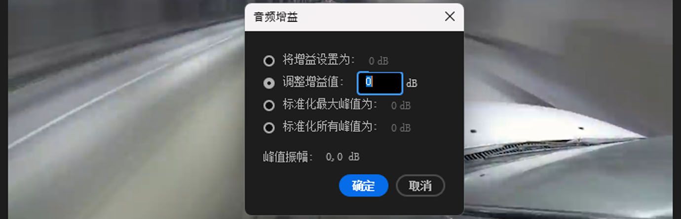 Adobe Premiere Pro 中的音频增益对话框，显示设置增益、按值调整增益、标准化最大峰值和标准化所有峰值的选项，峰值振幅显示为 0.0 dB。