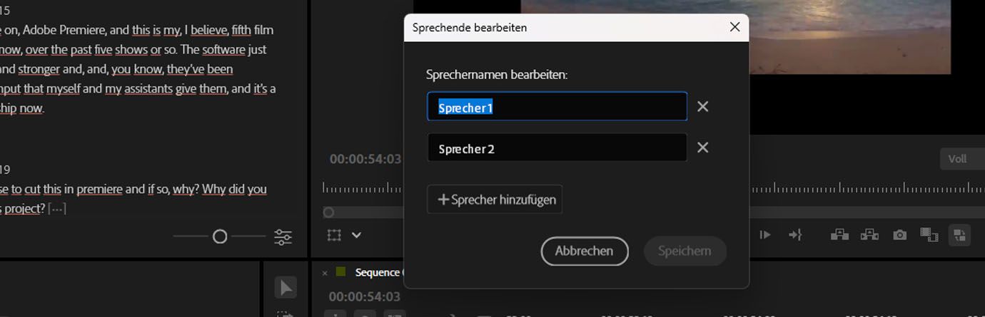 Das Dialogfeld „Sprechende bearbeiten“ ist geöffnet und bietet Optionen zum Umbenennen sowie zum Hinzufügen neuer Sprechender.