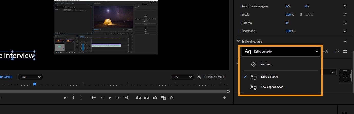 A lista suspensa Estilo vinculado no painel Propriedades mostrando estilos de texto e legenda que podem ser aplicados ao clipe selecionado na linha do tempo.