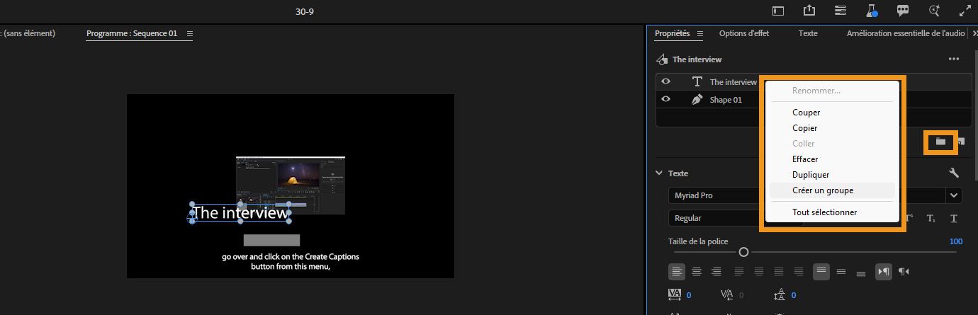 Calques de texte et d’image sélectionnés dans le panneau Propriétés avec l’option Créer un groupe mise en surbrillance pour les organiser dans un même groupe.