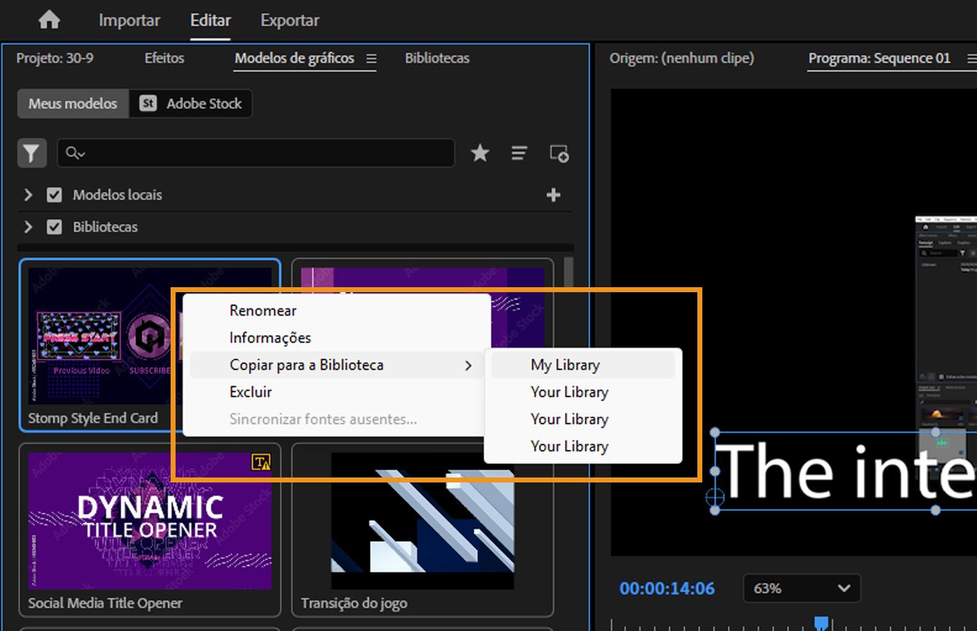Um modelo de animações selecionado na guia Procurar no painel Gráficos essenciais, com a opção Copiar para biblioteca marcada e uma lista de pastas disponíveis para seleção.