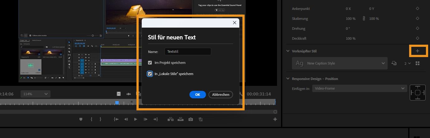 Das Dialogfeld „Neuer Textstil“ ist geöffnet und die Optionen zum Benennen und Speichern des Stils im Projekt oder als lokaler Stil sind hervorgehoben.