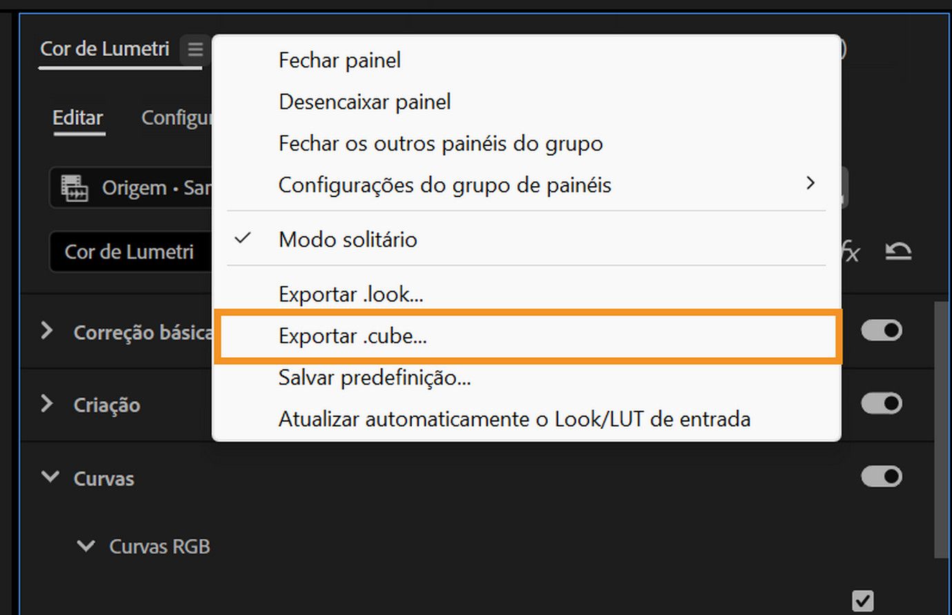 O painel “Cor de Lumetri”, com a opção “Exportar .cube...” destacada no menu suspenso, demonstrando como exportar um arquivo de LUT.