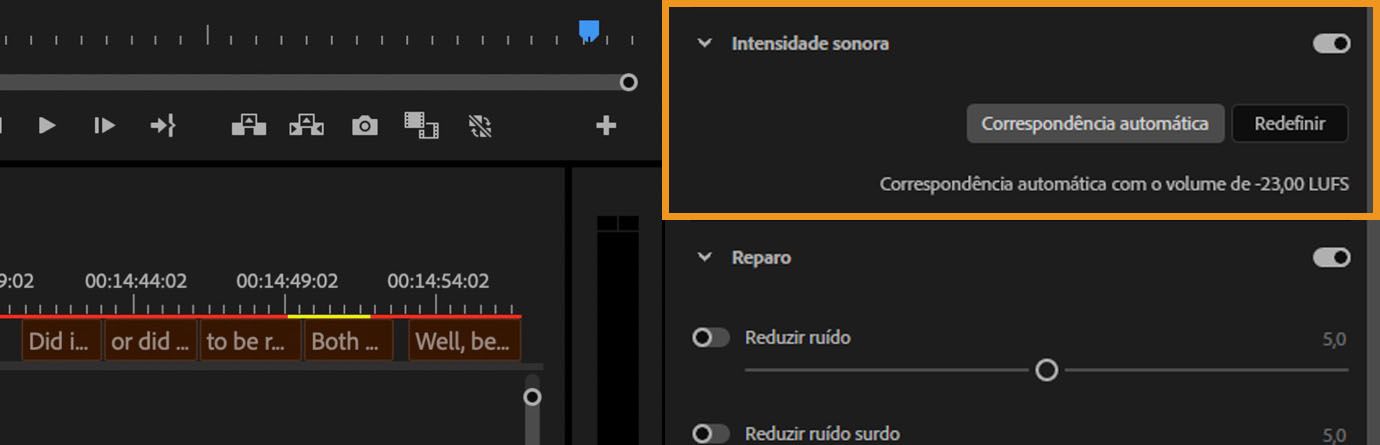 Painel “Áudio essencial” no Premiere Pro, mostrando o botão “Correspondência automática” com o volume definido como -23 LUFS.
