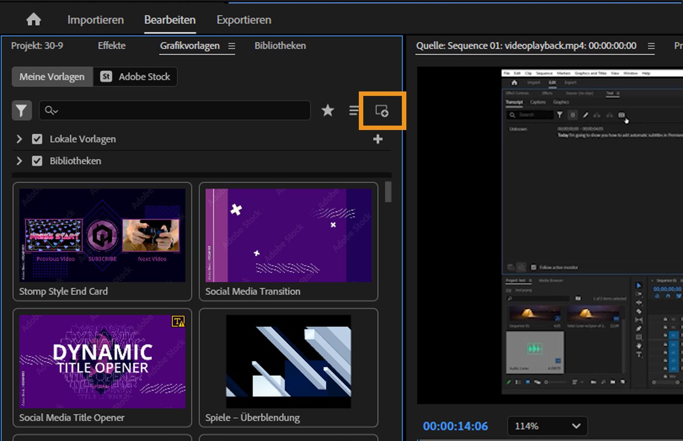 Das Bedienfeld „Grafikvorlagen“ ist geöffnet und es gibt Optionen zum Durchsuchen lokaler Vorlagen und Bibliotheken. Die Option „Animationsvorlagen installieren“ ist hervorgehoben, damit du eine neue installieren kannst.