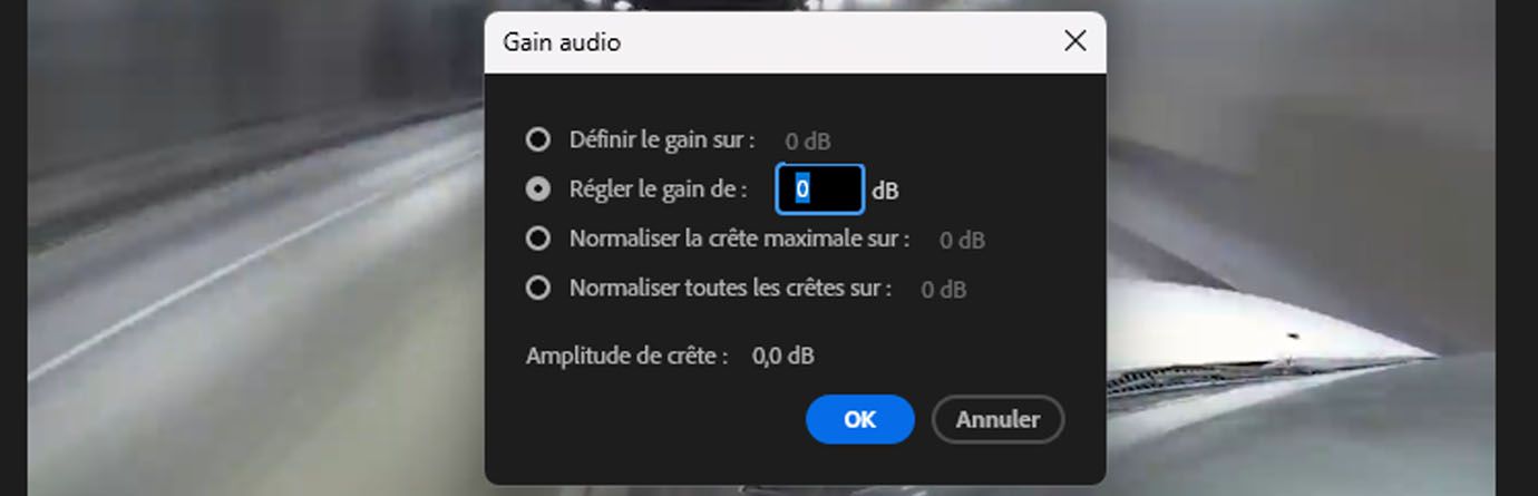 Boîte de dialogue Gain audio dans Adobe Premiere Pro montrant les options pour définir le gain, régler le gain sur une valeur, normaliser la crête maximale et normaliser toutes les crêtes, avec une amplitude de crête de 0,0 dB.