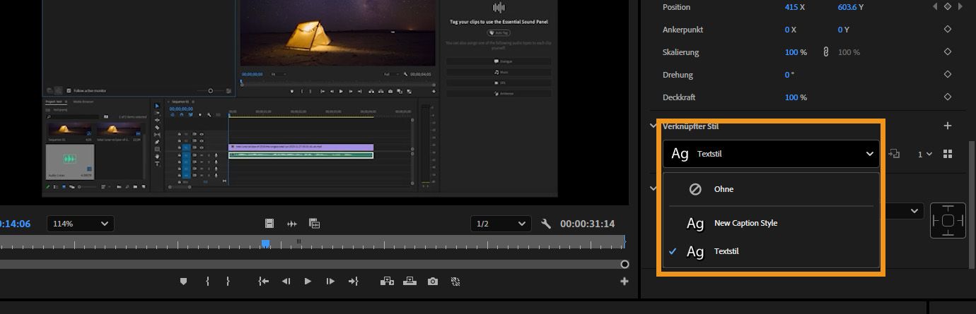 Die Dropdown-Liste für verknüpfte Stile im Bedienfeld „Eigenschaften“ zeigt Text- und Untertitelstile, die auf den ausgewählten Clip im Schnittfenster angewendet werden können.