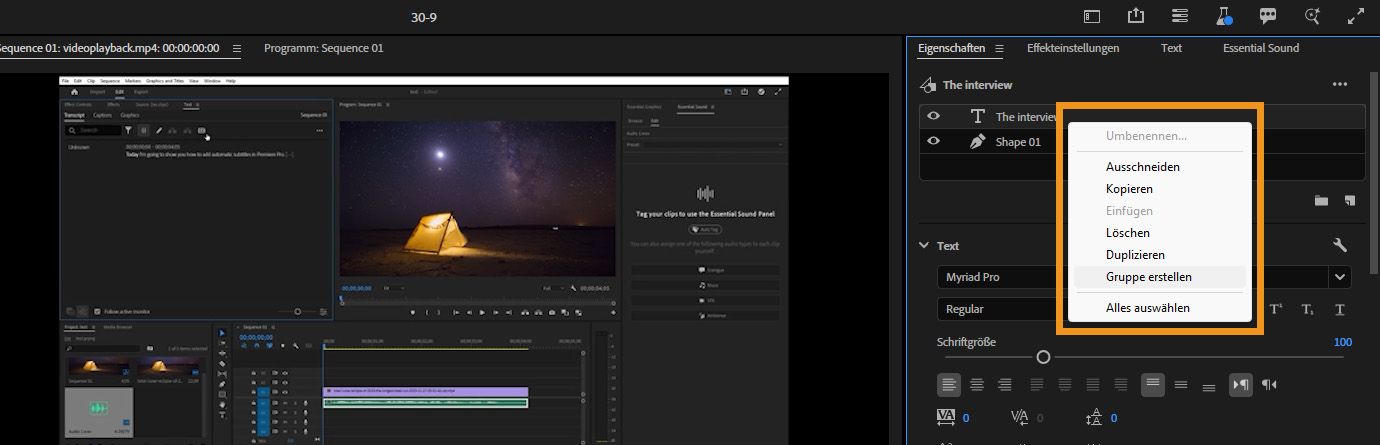Ausgewählte Text- und Formebenen im Bedienfeld „Eigenschaften“ mit hervorgehobener Option „Gruppe anlegen“, um sie in einer einzelnen Gruppe zu organisieren.
