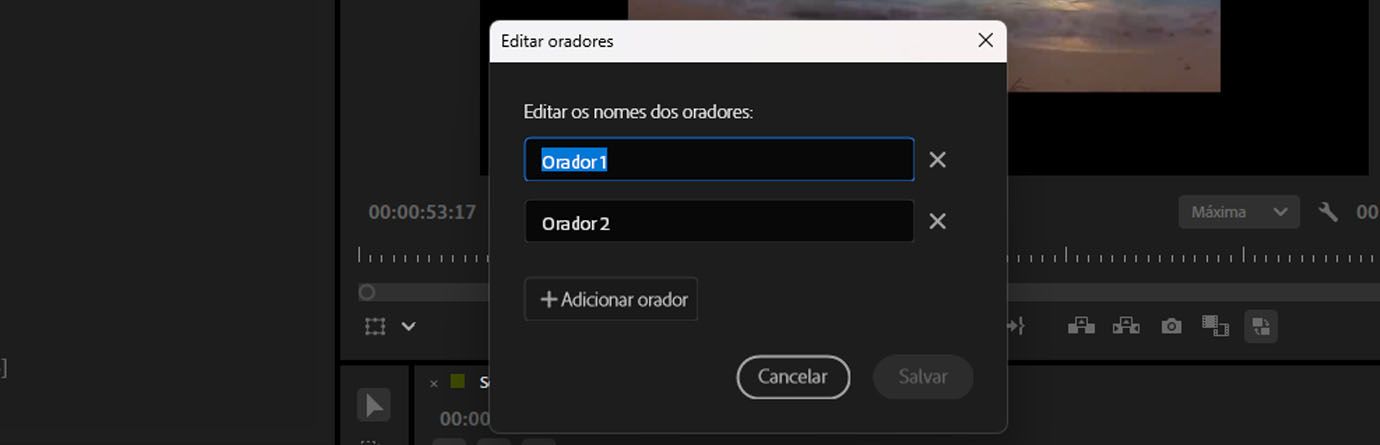 A caixa de diálogo Editar oradores é aberta e tem opções para renomear e também adicionar um novo orador.