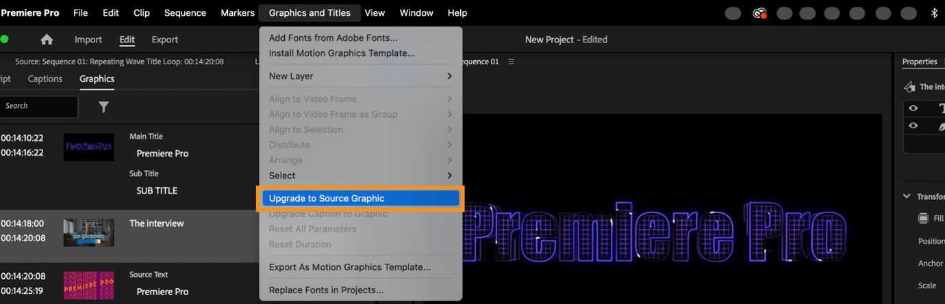Menú en Adobe Premiere Pro que muestra la opción Actualizar a gráfico fuente bajo Gráficos y títulos, con un gráfico de texto seleccionado en la cronología.