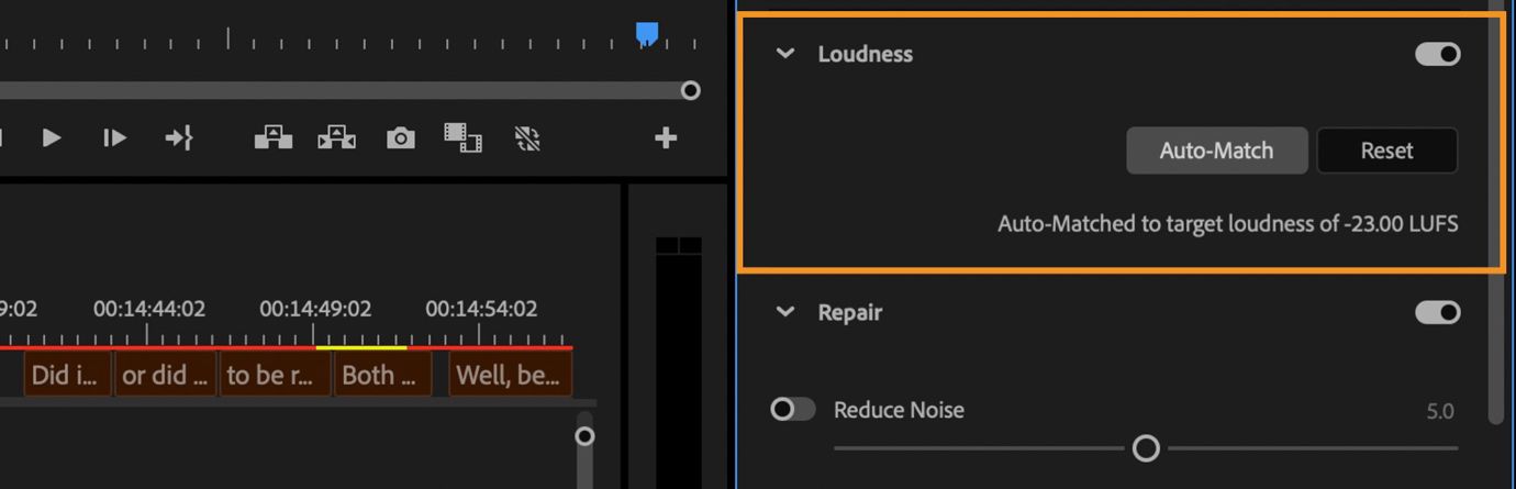 Pannello Suono essenziale in Premiere Pro che mostra il pulsante Corrispondenza automatica con il volume impostato su -23 LUFS.
