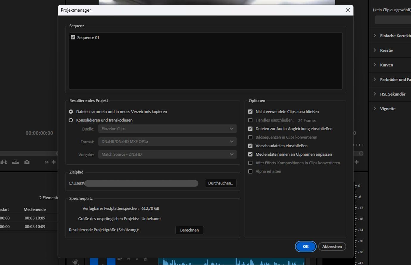 Der Abschnitt „Sequenz“ des Fensters „Projektmanager“ ist geöffnet und es werden Kontrollkästchen neben den Sequenzen angezeigt, die zum Einbeziehen ausgewählt werden können.