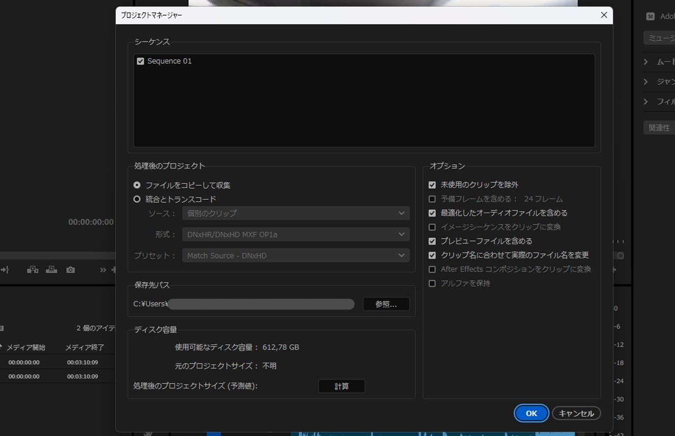 プロジェクトマネージャーウィンドウが開き、「シーケンス」セクションの下に含めるように設定できるシーケンスの横にチェックボックスがあります。