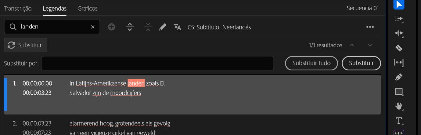 Com o painel Texto aberto e a guia Legendas selecionada, o campo Pesquisar contém o termo “editado”.A palavra correspondente é destacada na transcrição, e as opções para Substituir ou Substituir Tudo estão disponíveis para uma substituição eficiente do texto.