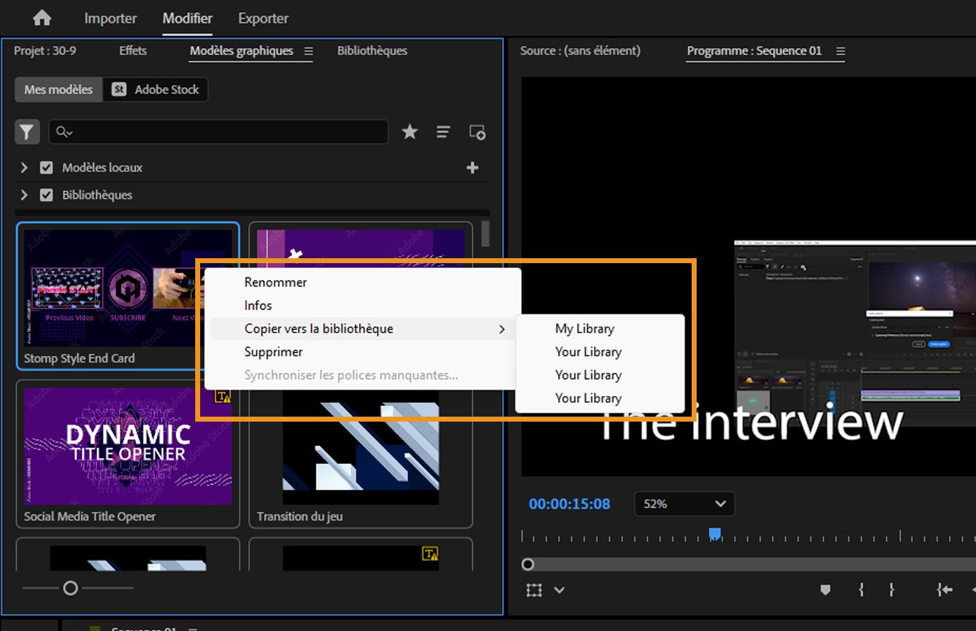 Un modèle d’animations graphiques est sélectionné dans l’onglet Parcourir du panneau Objets graphiques essentiels, avec l’option Copier dans la bibliothèque choisie et une liste de dossiers disponibles pour la sélection.