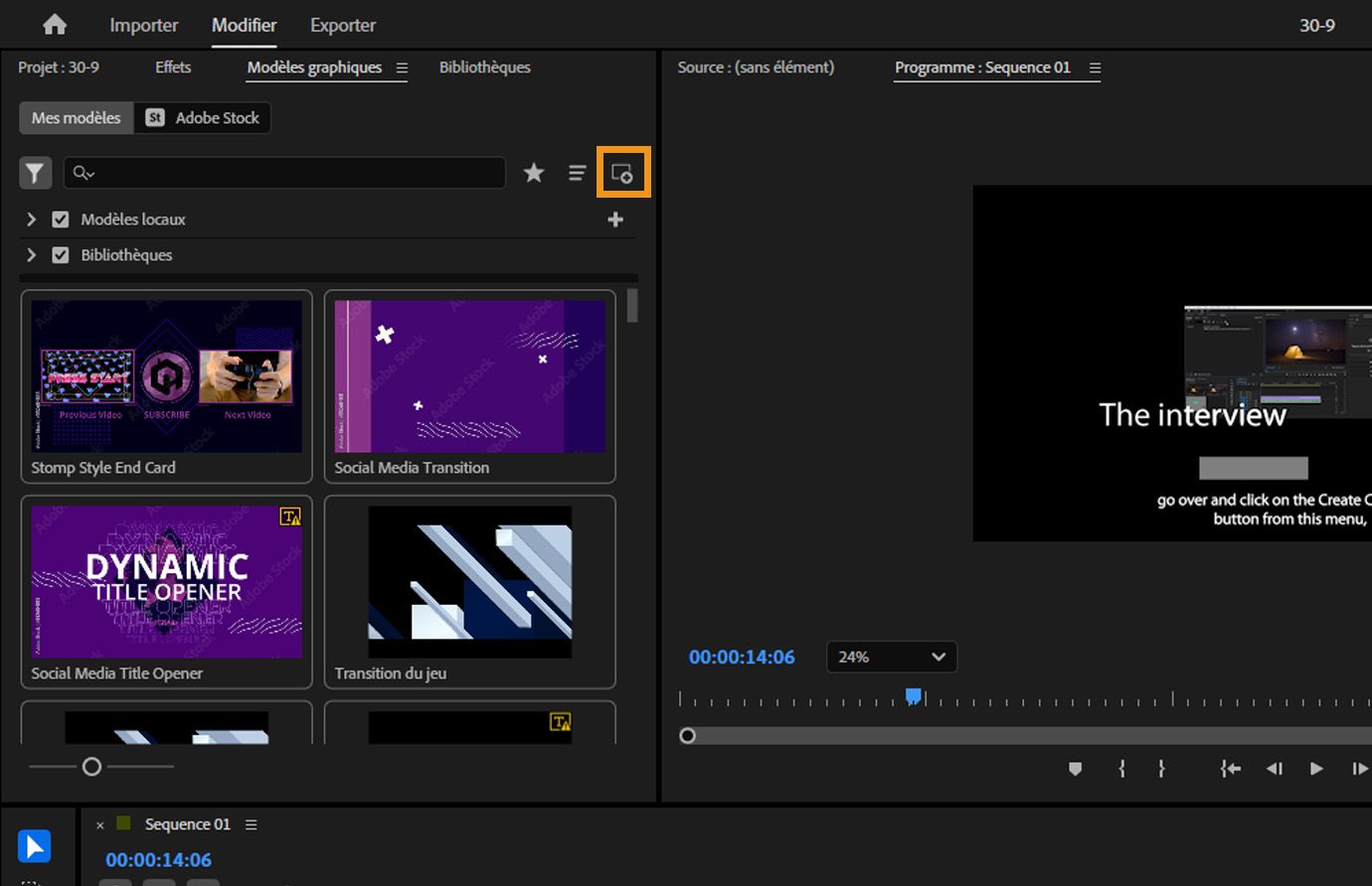 Le panneau Modèles de graphiques est ouvert et il y a des options pour parcourir les modèles locaux et les bibliothèques.L’option Installer un modèle d’animation graphique est mise en évidence pour que vous puissiez en installer un nouveau.