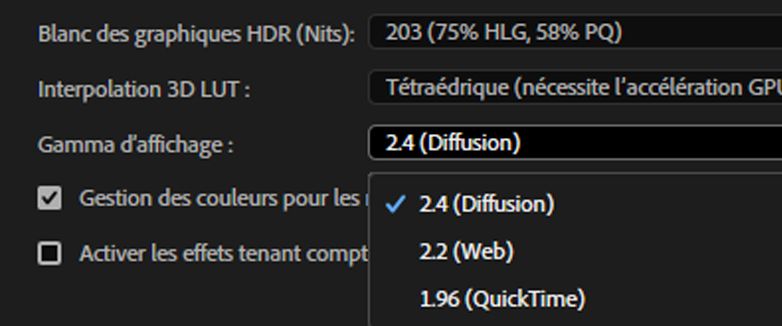 Options Gamma d’affichage dans la section Projet de l’onglet Réglages du panneau Couleur Lumetri