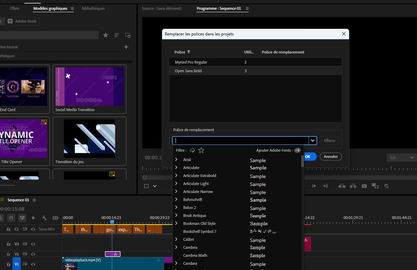 Boîte de dialogue Remplacer les polices dans des projets ouverte, avec le menu déroulant Police de remplacement mis en évidence permettant de sélectionner une nouvelle police et de mettre à jour les calques de texte dans l'ensemble du projet.