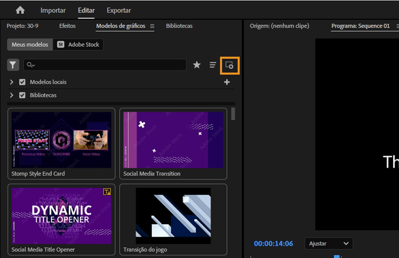 O painel Modelos gráficos é aberto e há opções para navegar pelos Modelos e Bibliotecas locais.O modelo Instalar animações é destacado para que você possa instalar um novo.