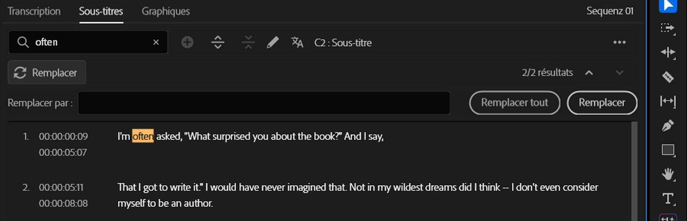 Avec le panneau Texte ouvert et l’onglet Sous-titres sélectionné, le champ Rechercher contient le terme « modifié ».Le mot correspondant est mis en surbrillance dans la transcription, et des options pour Remplacer ou Remplacer tout sont disponibles pour un remplacement de texte efficace.