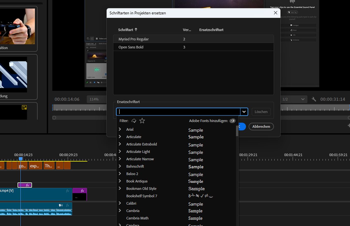 Das Dialogfeld „Schriftarten in Projekten ersetzen“ ist geöffnet und das Dropdown-Menü „Ersatzschriftart“ zur Auswahl einer neuen Schriftart zur Aktualisierung aller Textebenen im gesamten Projekt ist hervorgehoben.