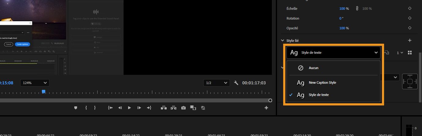 La liste déroulante Style lié dans le panneau Propriétés affichant les styles de texte et de légende qui peuvent être appliqués au clip sélectionné dans la chronologie.