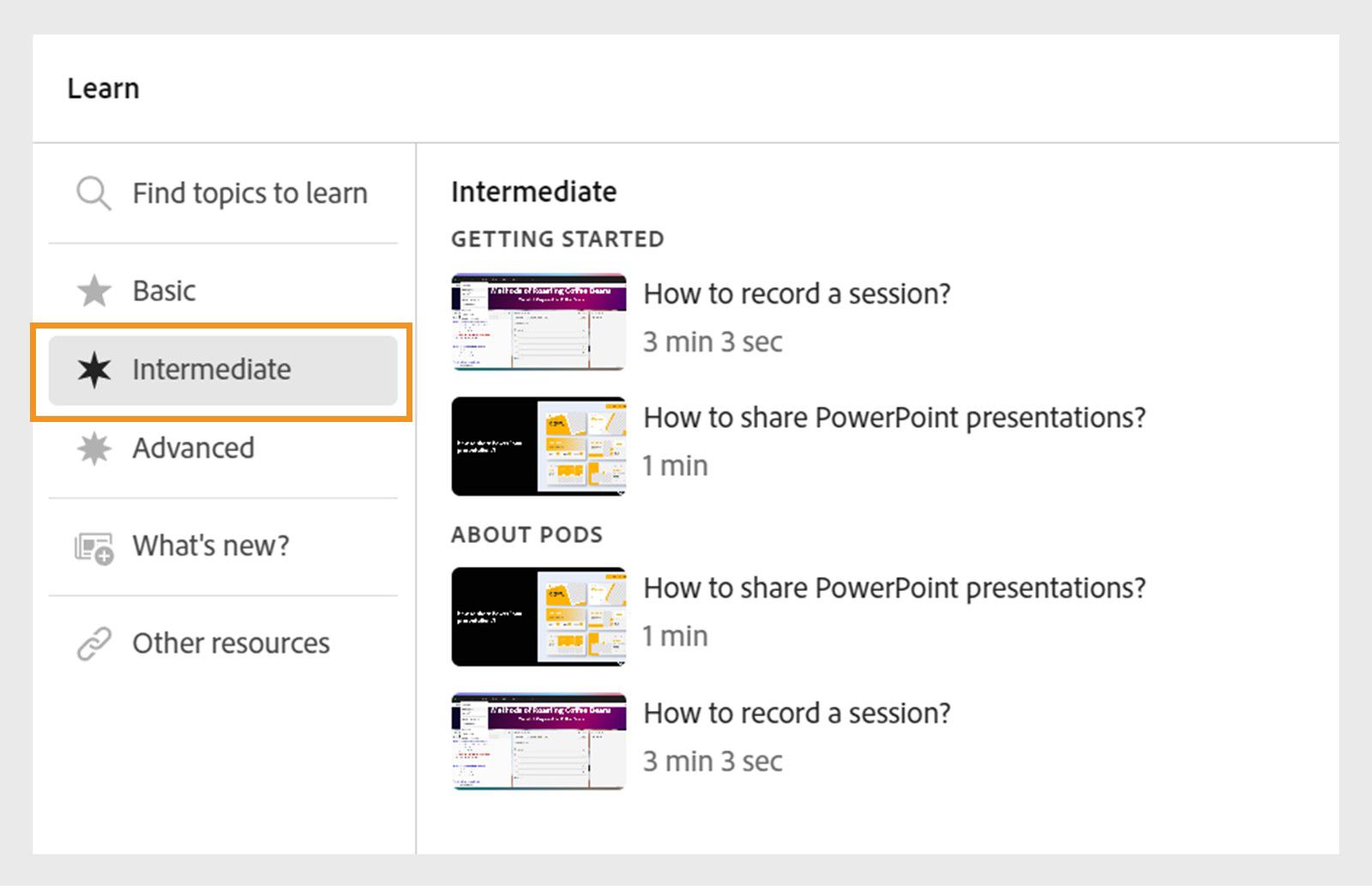 Intermediate tutorials are listed in the Learn Hub panel