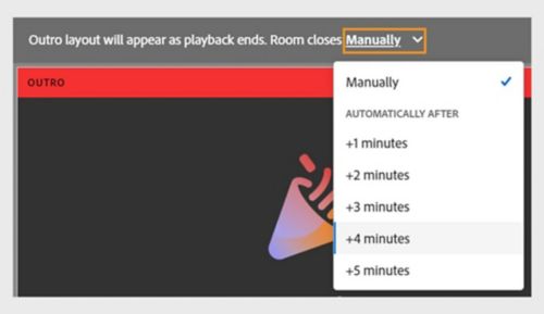 Adobe Connect interface showing the Room closes dropdown menu